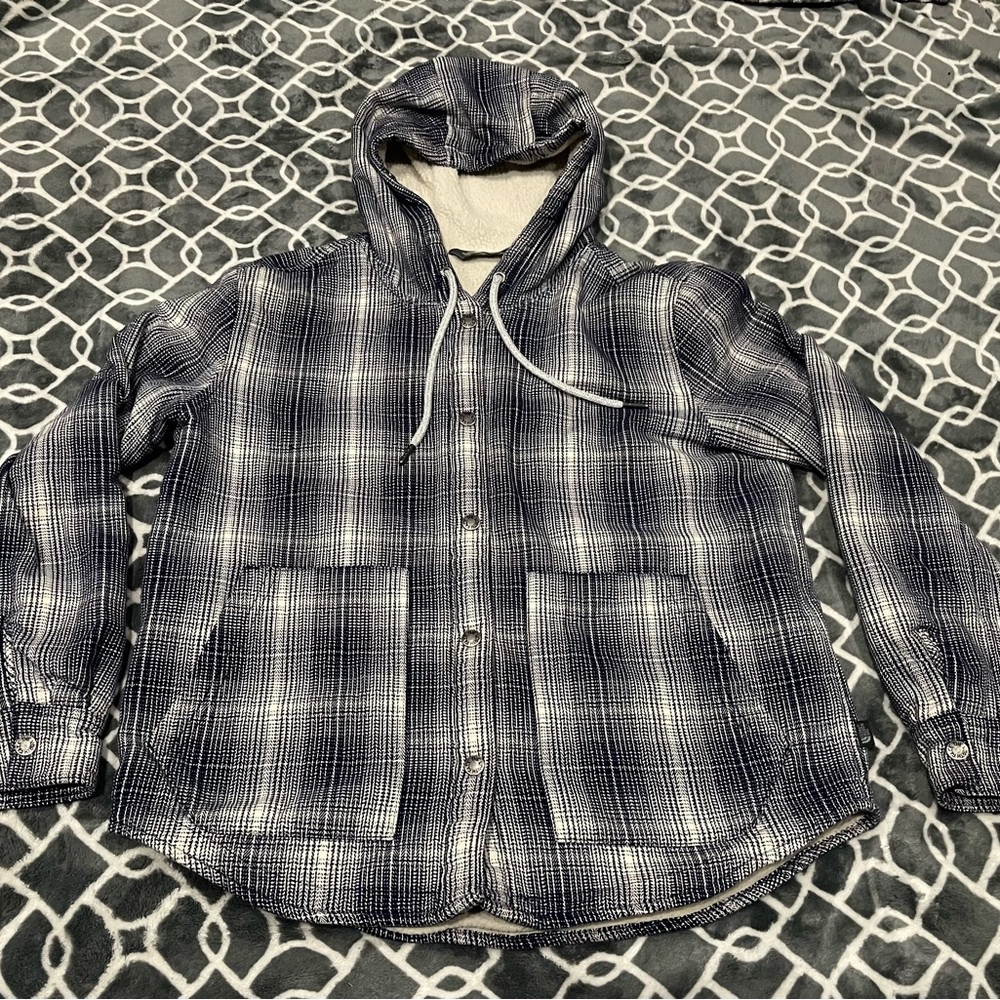 The North Face Women’s Jacket Blue Checkered Fleece Lined Blue Hooded ! MEDIUM